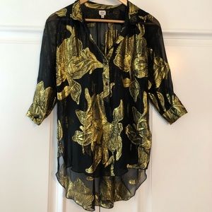 Aritzia Wilfred Black Silk Metallic Flowers Blouse